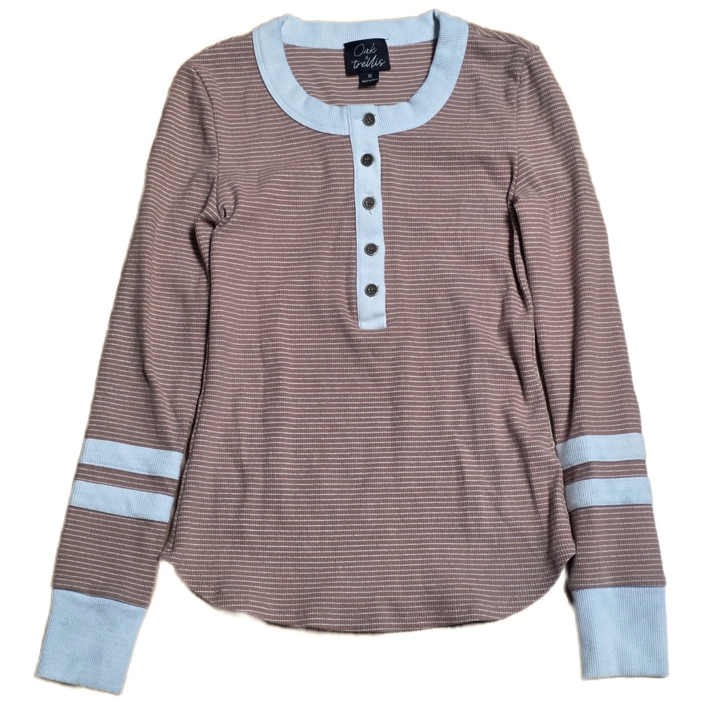 Oak & Trellis Striped Long Sleeve‎ Henley Tee Women's Size XS Brown White Trim